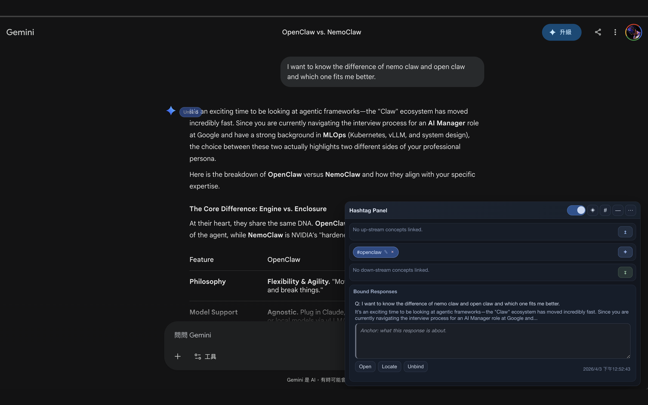 Topic Hashtag panel over a Gemini conversation